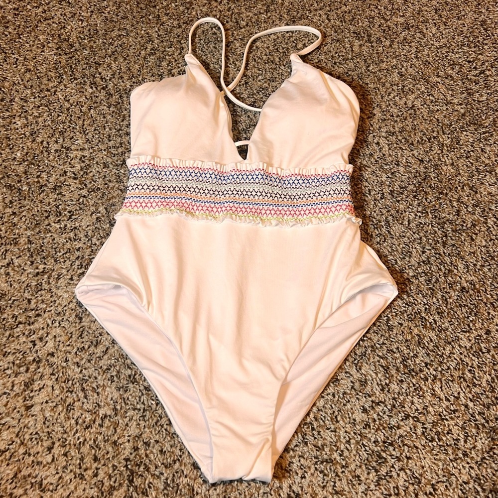 Bar III White One Piece Swimsuit Medium Ruffle Trim New with Tags